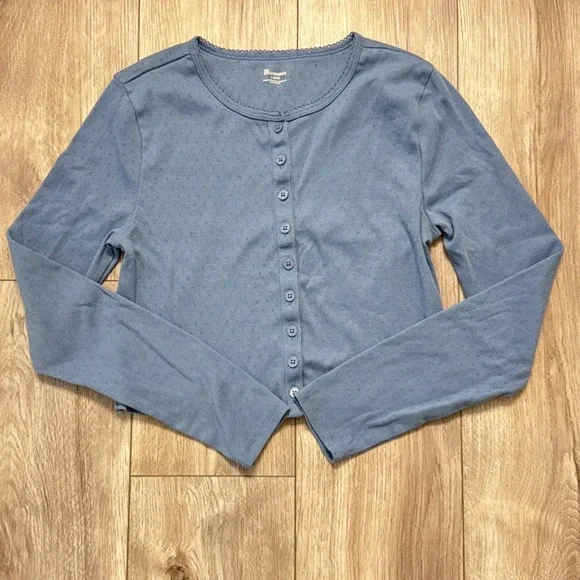 No Boundaries Blue Textured Button Up Long Sleeve Cropped Cardigan Top Size L - Picture 1 of 3